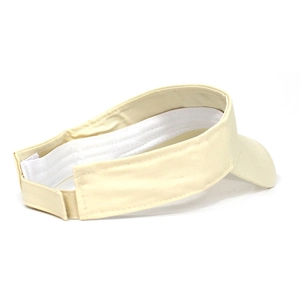 Detail of adjustable Velcro strap and internal sweatband on beige cotton sun visor hat