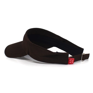 Detail view of cotton sun visor with metal buckle strap and embroidered logo label