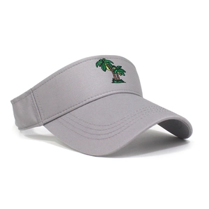 Detail view of grey cotton sun visor with green palm tree embroidery and wide brim