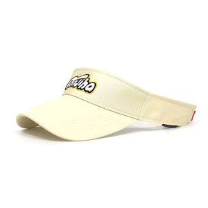 Detail view of beige cotton sun visor with 3D letter embroidery and wide brim