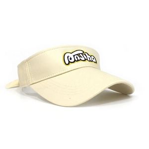 Close-up of beige cotton sun visor with high-quality 3D logo embroidery and adjustable strap