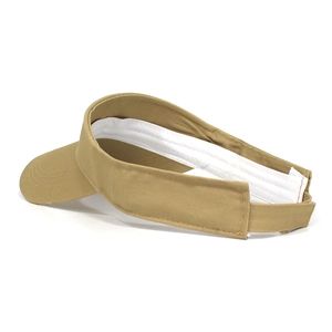Detail view of khaki cotton sun visor with adjustable velcro strap and sweatband