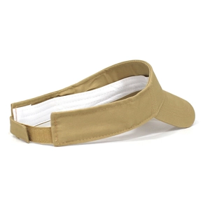 Detail of khaki cotton sun visor with adjustable hook-and-loop strap and sweatband