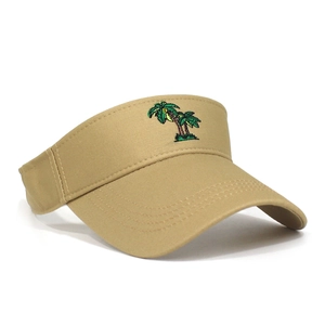 Detail of coconut tree embroidery on a khaki cotton sun visor hat for summer