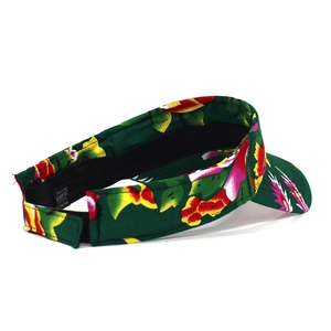 Detail of the tropical floral visor hat with adjustable back strap and internal sweatband