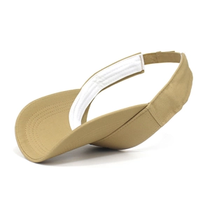 Detailed side view of khaki sun visor showing stitching and interior sweatband