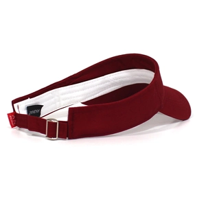 Detail of dark red sun visor with metal buckle adjustment and white sweatband inside