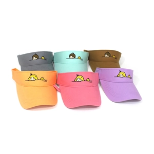 Detail showing various colors of embroidered cotton sun visors for outdoor summer wear