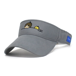 Gray cotton sun visor hat with cute cartoon embroidery and wide brim for summer