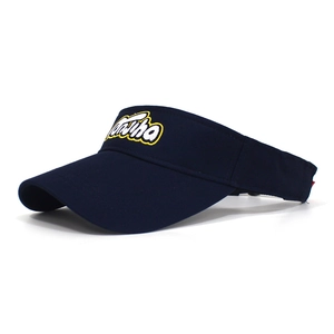 Detail of navy blue cotton sun visor hat with white 3D embroidered lettering