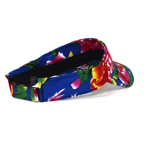 Detail view of tropical floral sun visor inner black sweatband and adjustable strap