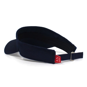 Detail of navy blue visor with adjustable metal buckle and red brand woven label