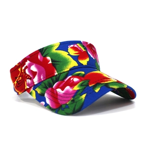 Detail of blue floral print sun visor with traditional Chinese peony flower pattern