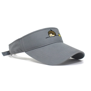 Detail view of adjustable grey sun visor with high-quality cartoon embroidery and cotton fabric