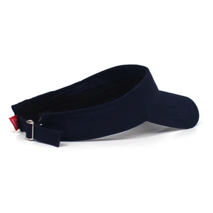 Detail view of navy blue cotton sun visor with metal adjustable buckle and brand tag