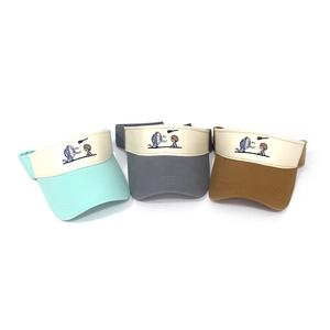 Detailed embroidery on summer cotton sun visors in mint green, dark grey, and khaki colors