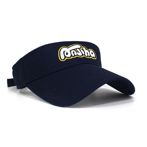 Detail view of navy blue visor hat featuring yellow and white letter embroidery
