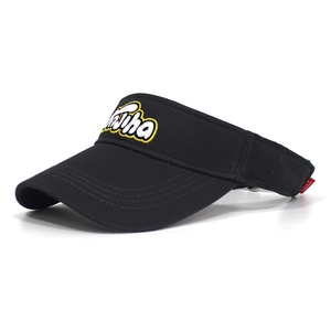 Detail view of cotton sun visor with letter embroidery and metal buckle closure