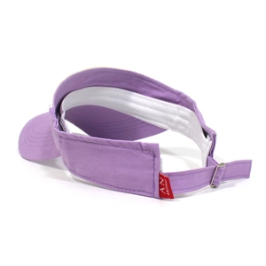 Detail of lavender cotton sun visor featuring adjustable metal slide and sweatband