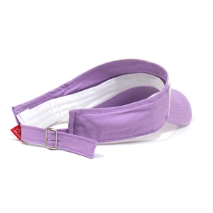 Detail view of the purple cotton sun hat showing the adjustable metal buckle strap