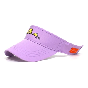 Close-up of purple cotton sun visor featuring a yellow chick embroidery and side label