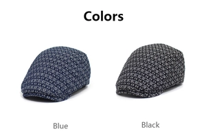Blue and black cotton denim flat caps featuring intricate floral patterns in two colors