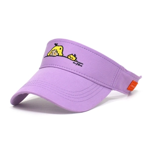 Detail of purple cotton sun visor with yellow embroidery and side woven label