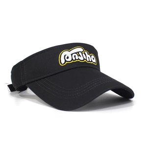 Detail of black cotton sun visor with white embroidered logo and adjustable strap