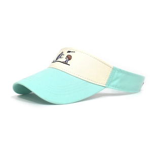 Detail view of cotton sun visor with mint green stitching and cartoon character embroidery