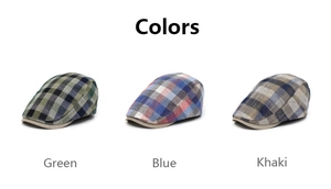 Detailed close-up showing green, blue, and khaki plaid cotton flat caps with khaki piping