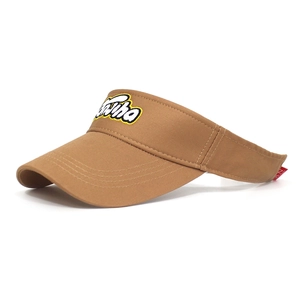 Detail view of khaki cotton sun visor with 3D letter embroidery and adjustable strap