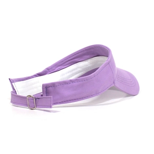 Detail of light purple sun visor showing silver metal buckle and premium stitching