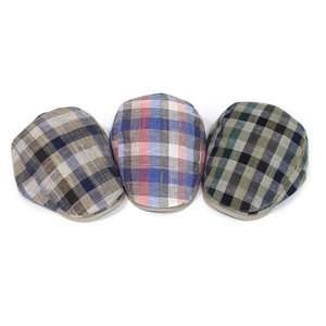 Summer lightweight cotton plaid beret flat cap set for men in multiple colors