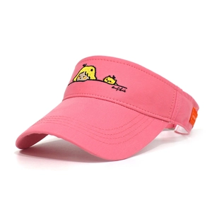 Pink cotton sun visor with cartoon embroidery and reinforced brim on white background