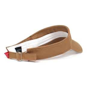 Detail of adjustable metal buckle and inner sweatband on a khaki cotton sun visor hat