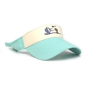 Detail of mint green sun visor hat showing high-quality cotton stitching and cute embroidery