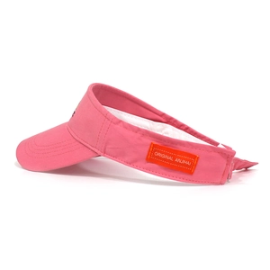 Detail of pink cotton sun visor showing reinforced brim stitching and orange side label