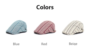 Detail view of cotton flat caps in blue, red, and beige with vertical stripes and metal buckles