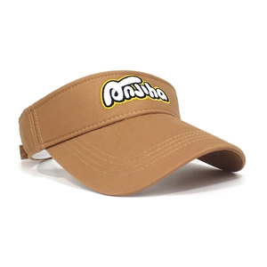 Detailed embroidery of Anjiha logo on a brown cotton sun visor with visible stitching