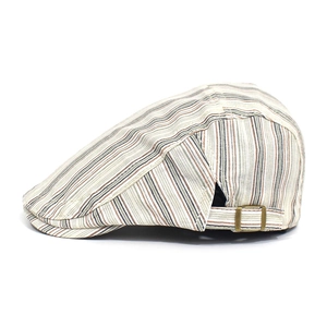 Side view of striped cotton flat cap showing adjustable metal buckle and retro texture