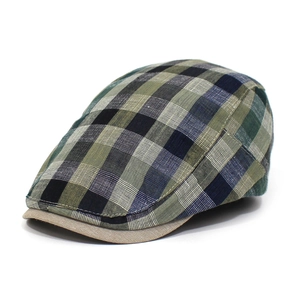 Classic plaid flat cap for men in navy and green cotton fabric with solid brim