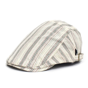 Striped cotton flat cap in beige with adjustable metal side buckle and stiff brim
