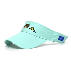 Detail of mint green visor with cartoon embroidery and blue side label decoration