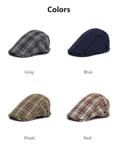 Classic checkered beret hats in gray, blue, khaki and red with side metal buckles