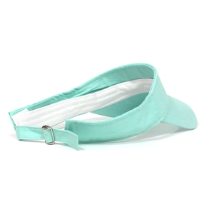 Detail view of mint green sun visor with metal buckle and internal sweatband