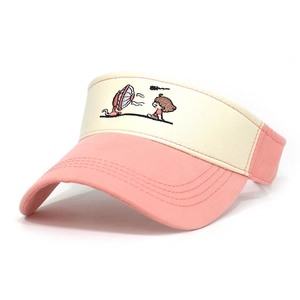 Pink and beige cotton visor hat with cute girl embroidery for summer sun protection