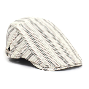 Detail view of the striped cotton ivy cap featuring side metal adjustment buckles and neat stitching