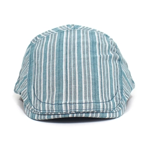 Close-up of thin cotton newsboy cap featuring blue and white vertical stripes and stitching