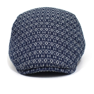 Classic men's blue and white jacquard denim beret hat with vintage geometric pattern