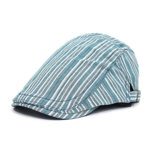Striped cotton flat cap in teal blue and white with adjustable side metal buckle